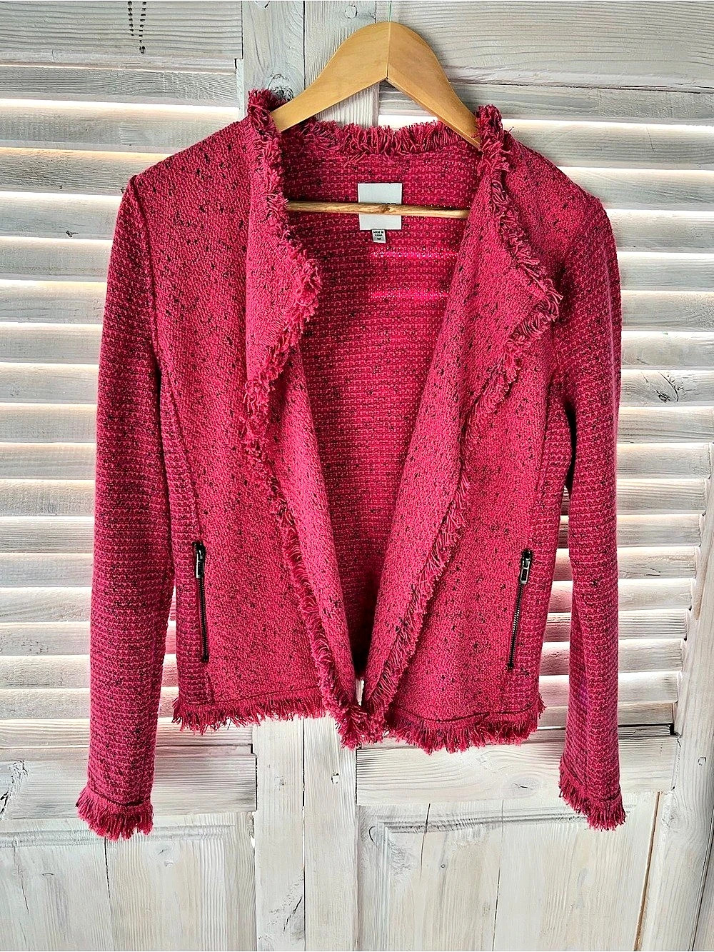 NIC+ZOE Fringe Mix Knit Jacket Pink Size Medium